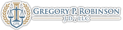 Gregory P. Robinson, J.D., LLC law firm logo with gold scales and laurel wreath