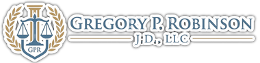 Gregory P. Robinson, J.D., LLC law firm logo with gold scales and laurel wreath