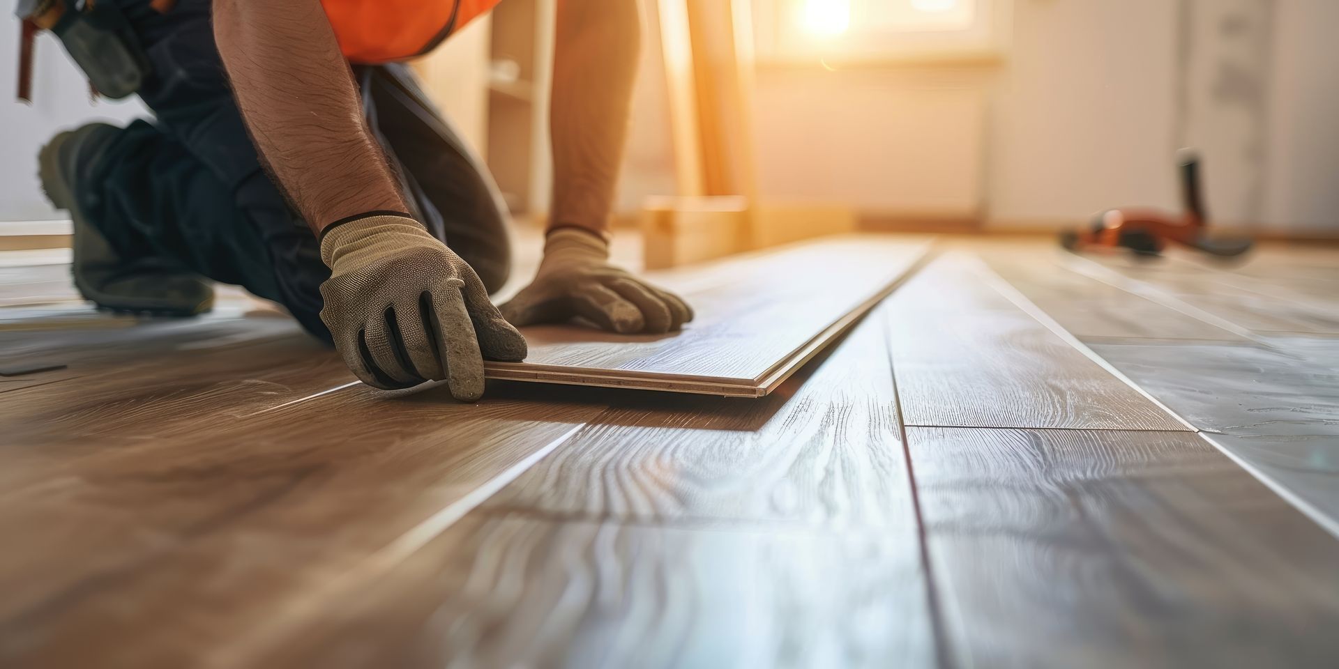 A worker wearing gloves installs dark wood-look laminate floor planks in a room illuminated by sunlight.