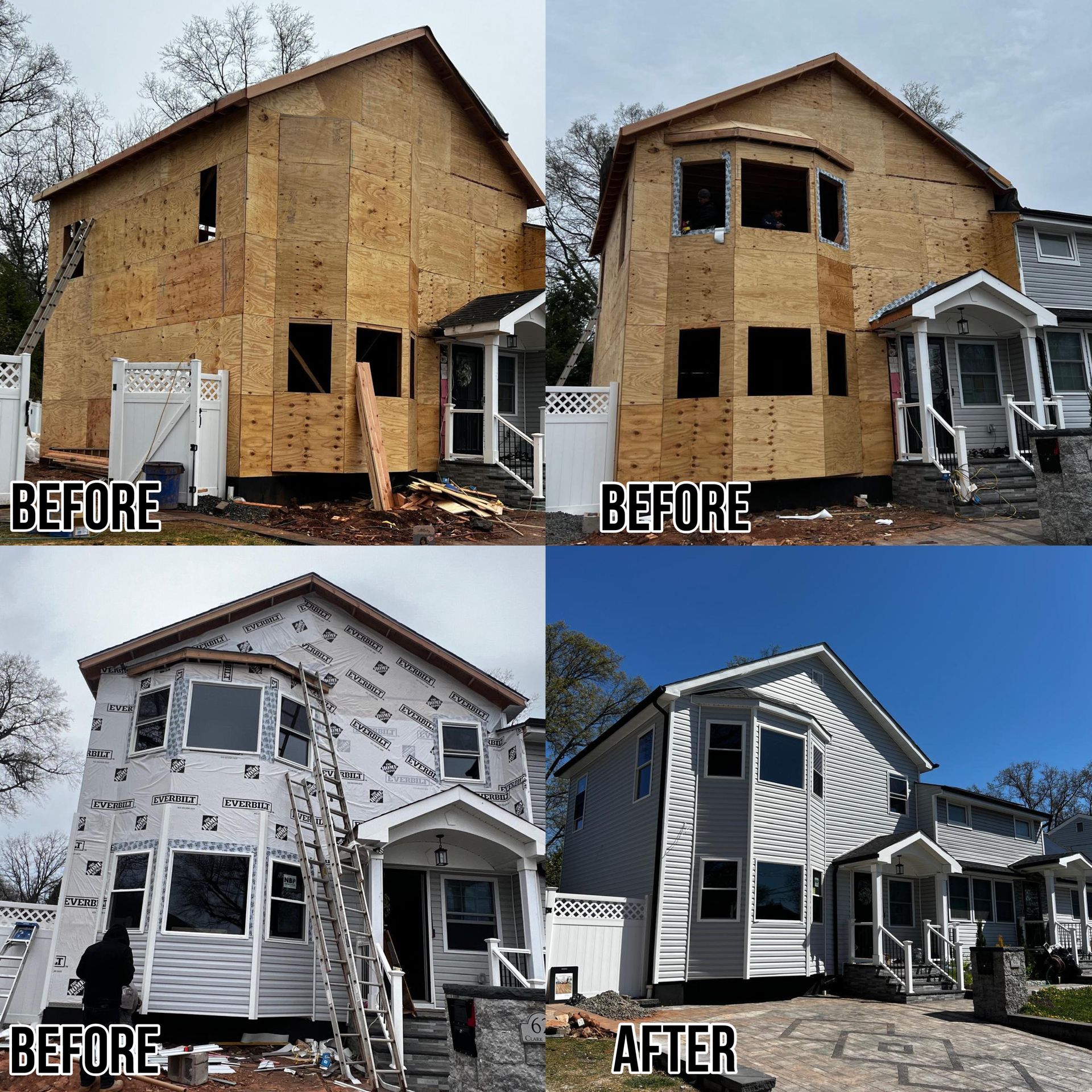 A composite showing a home renovation in stages: plywood framing, weather-barrier wrap, and the final white siding finish.