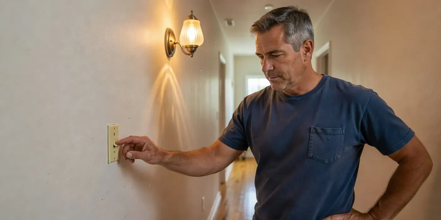 A middle-aged man switches on a glowing wall sconce in a quiet hallway, looking focused as warm light casts a soft, welcoming glow.