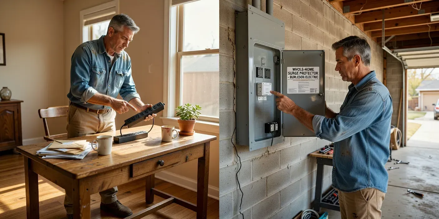 Burleson homeowner comparing a surge power strip on a living-room desk with a labeled surge device at the garage electrical panel
