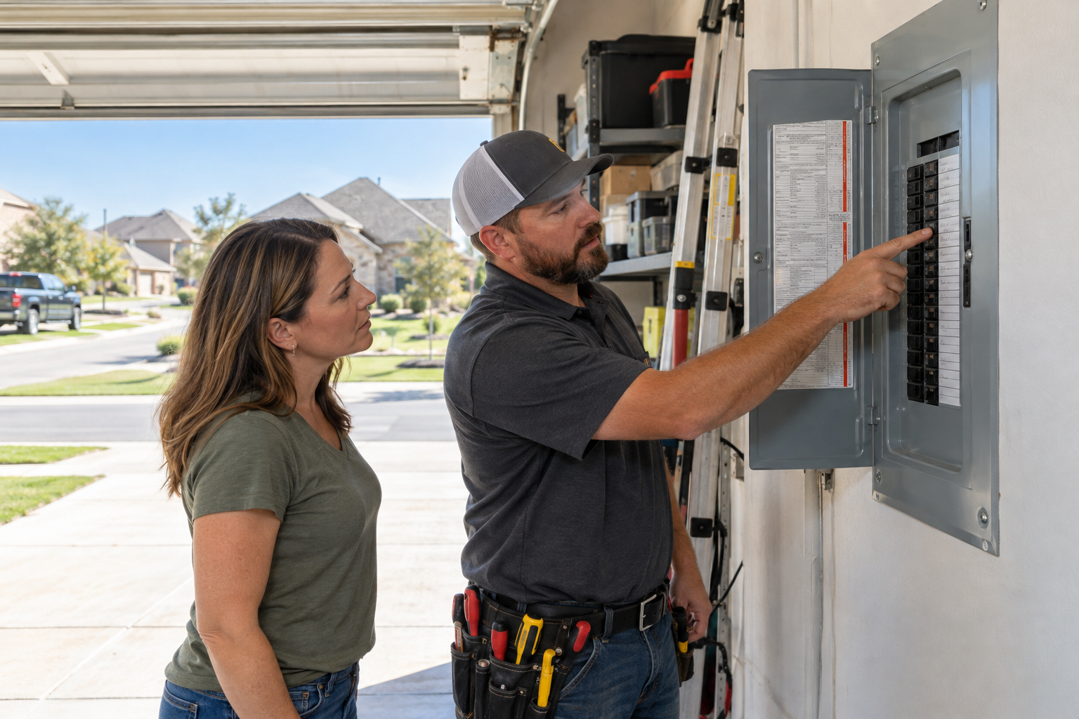 Burleson homeowner and electrician reviewing breaker labels at an open garage panel on a sunny street