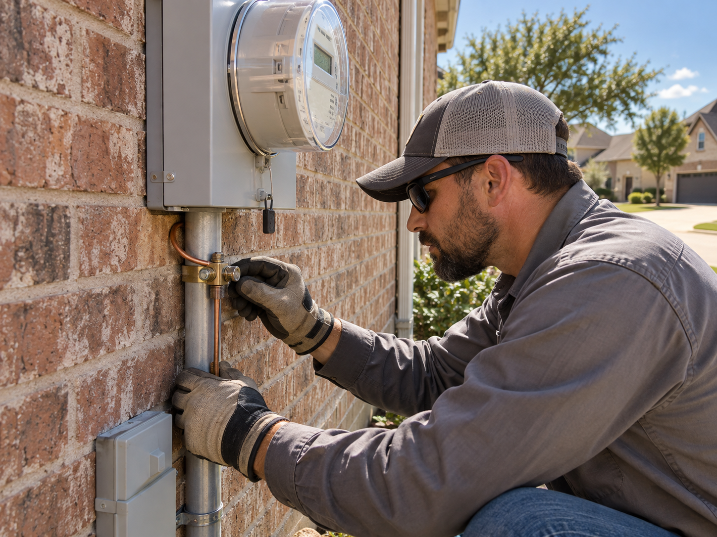 Electrician checking grounding clamp at a Burleson home meter base beside a brick exterior wall