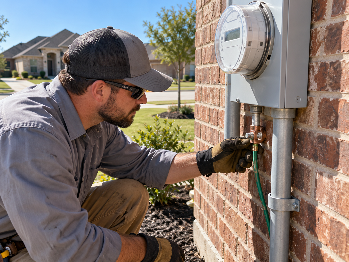 Electrician checking grounding clamp at a Burleson home meter base beside a brick exterior wall