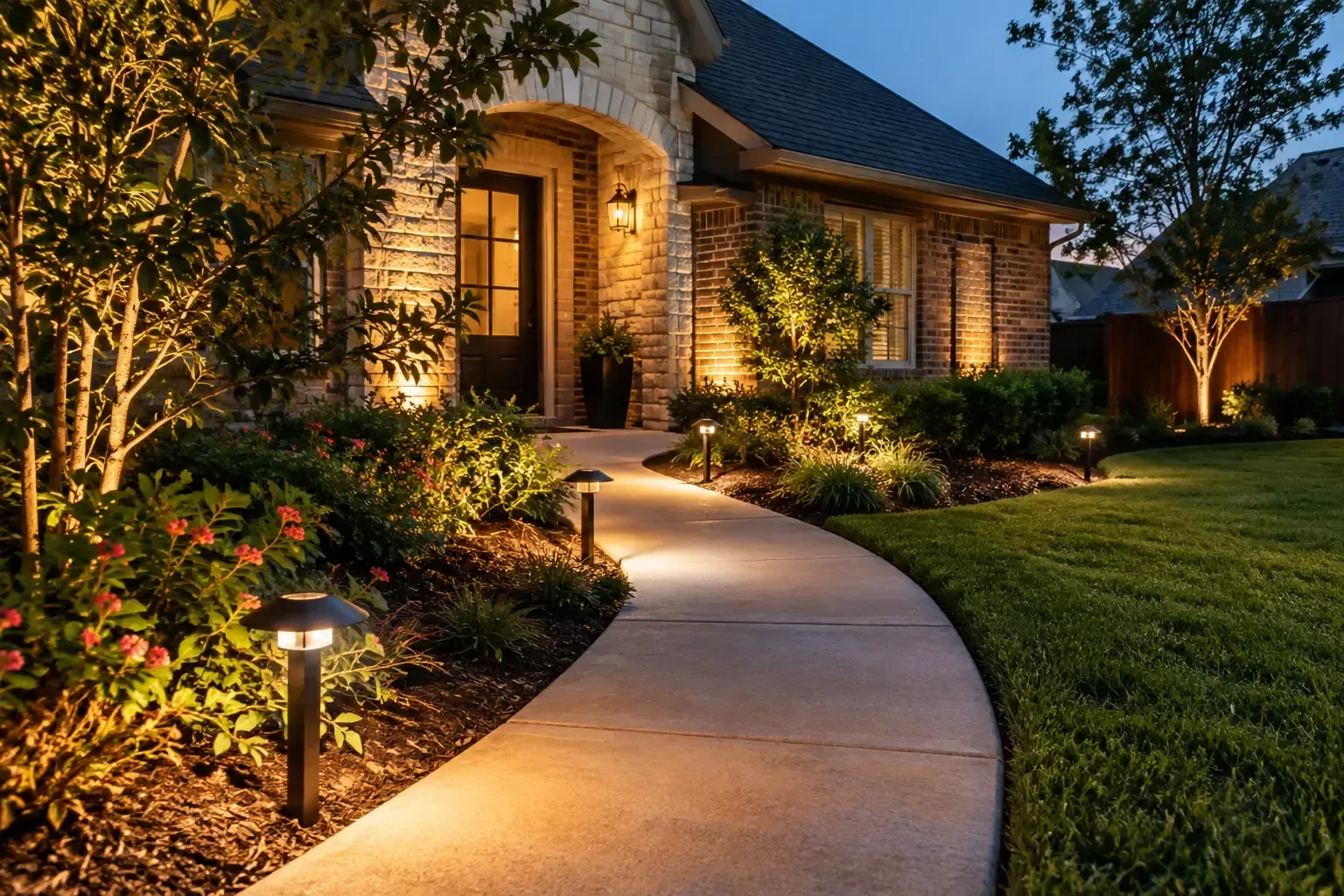Burleson home with illuminated pathway, landscape, and motion lights highlighting the walkway, garden beds, shrubs, and front entrance at dusk.