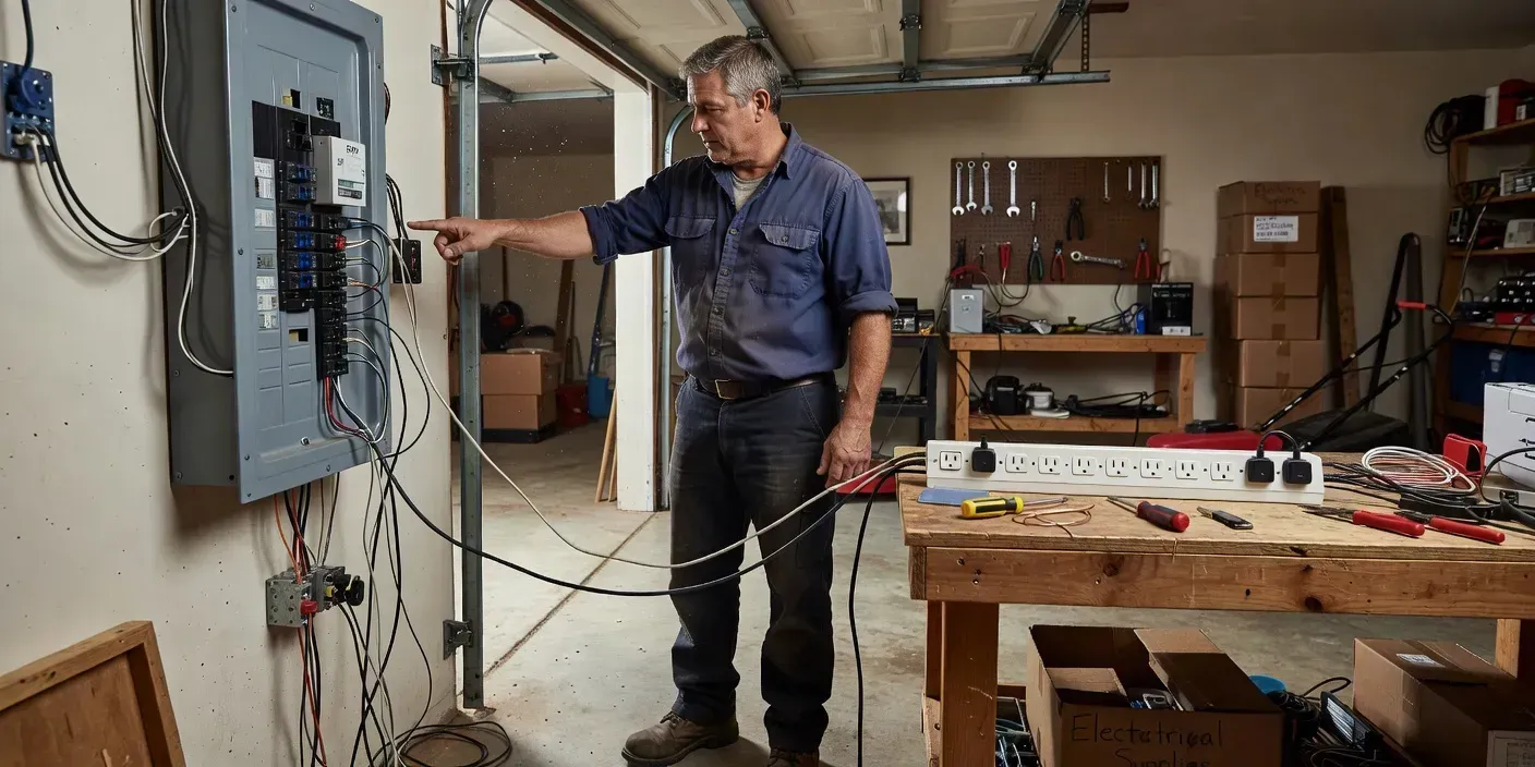 Electrician in a Burleson garage pointing from the main breaker panel SPD to a nearby living-room outlet strip on a workbench
