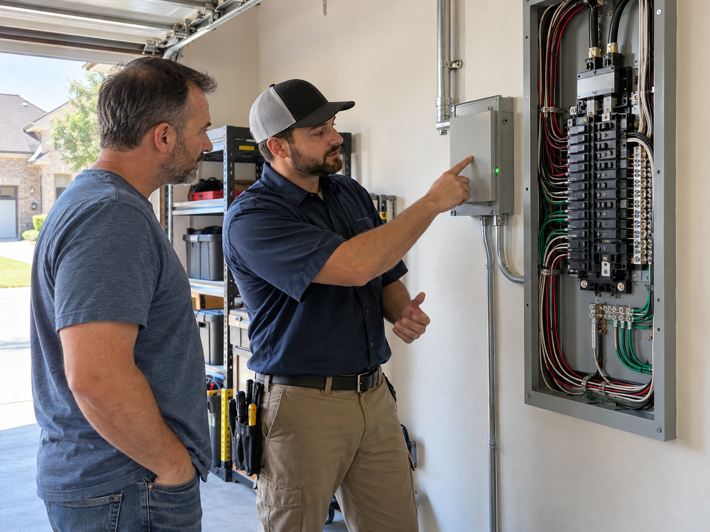Burleson homeowner standing beside an open main electrical panel while an electrician points to a newly mounted Type 2 surge protector and bonded ground bar