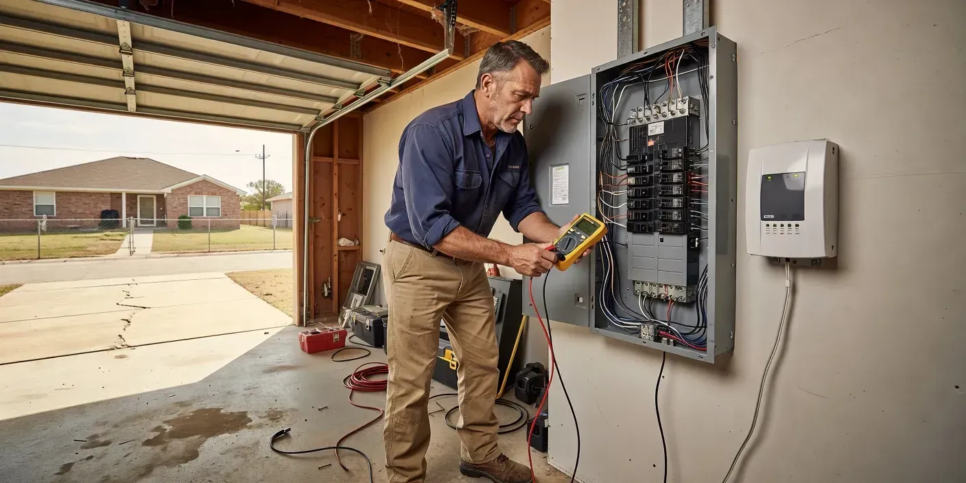Licensed electrician inspecting a residential breaker panel beside a surge protective device in a Burleson, TX garage
