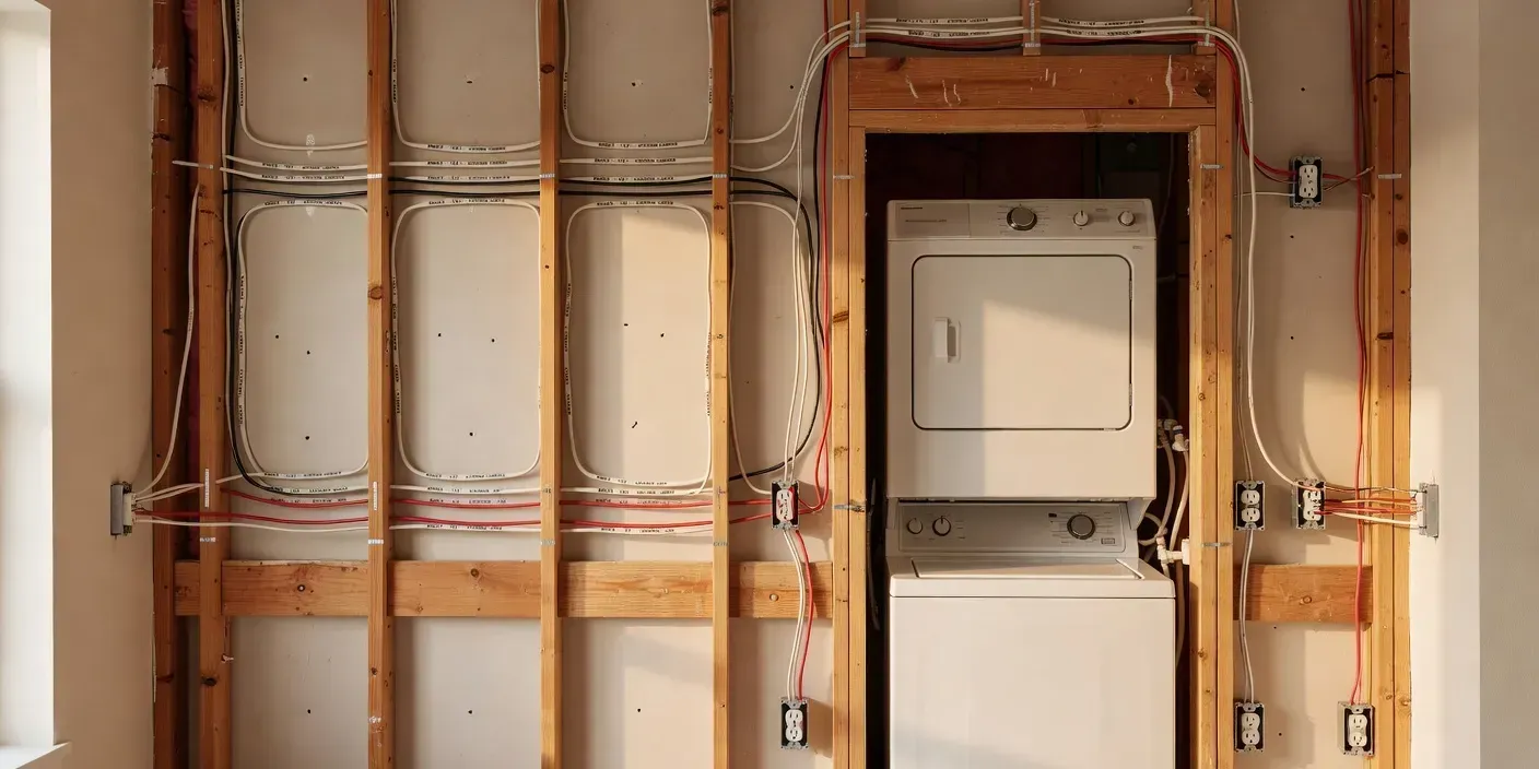 photographic view of an open kitchen wall in a Burleson home with labeled romex runs to outlet boxes beside a laundry niche