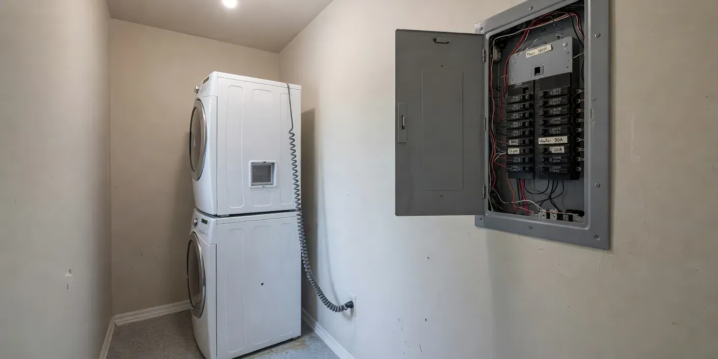 photographic scene of a Burleson laundry closet with dryer cord and labeled breaker panel open beside stacked washer