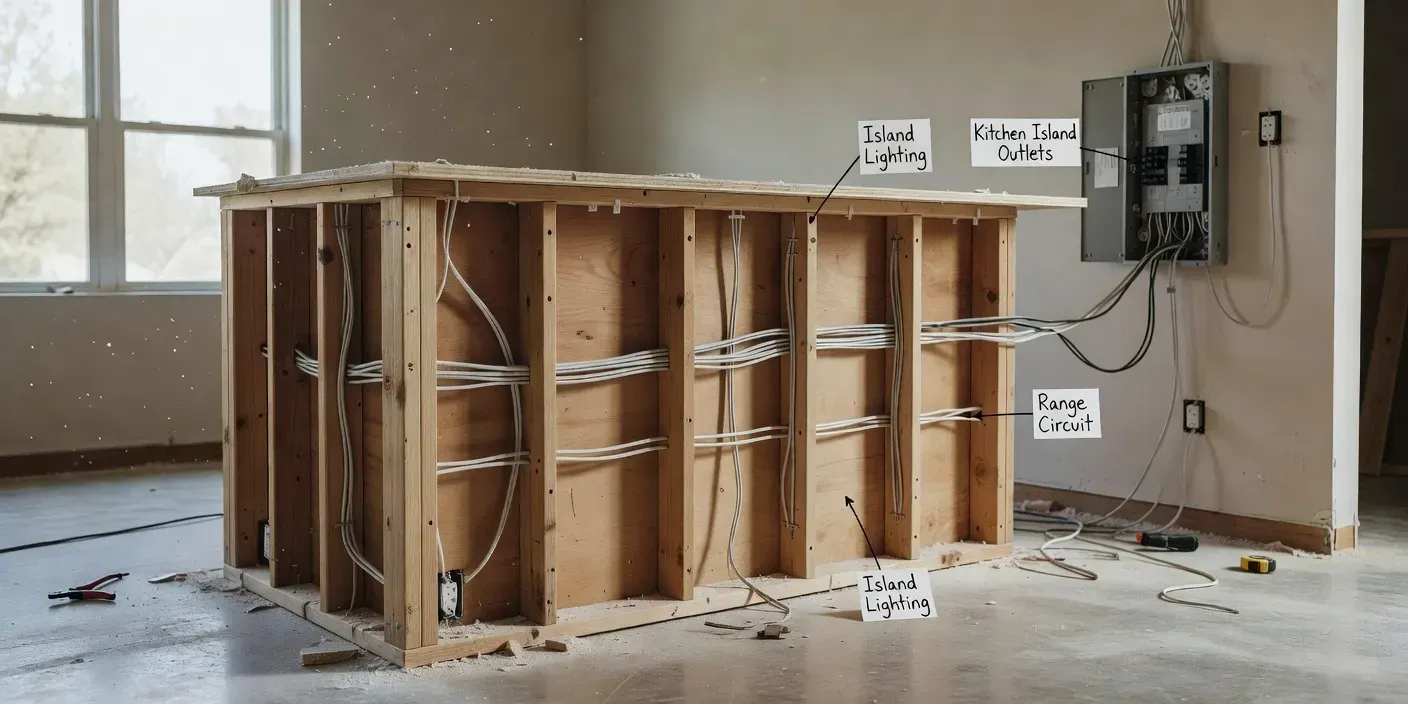 photographic view of a Burleson kitchen island under construction with open wall cavities showing labeled romex runs to a nearby panel