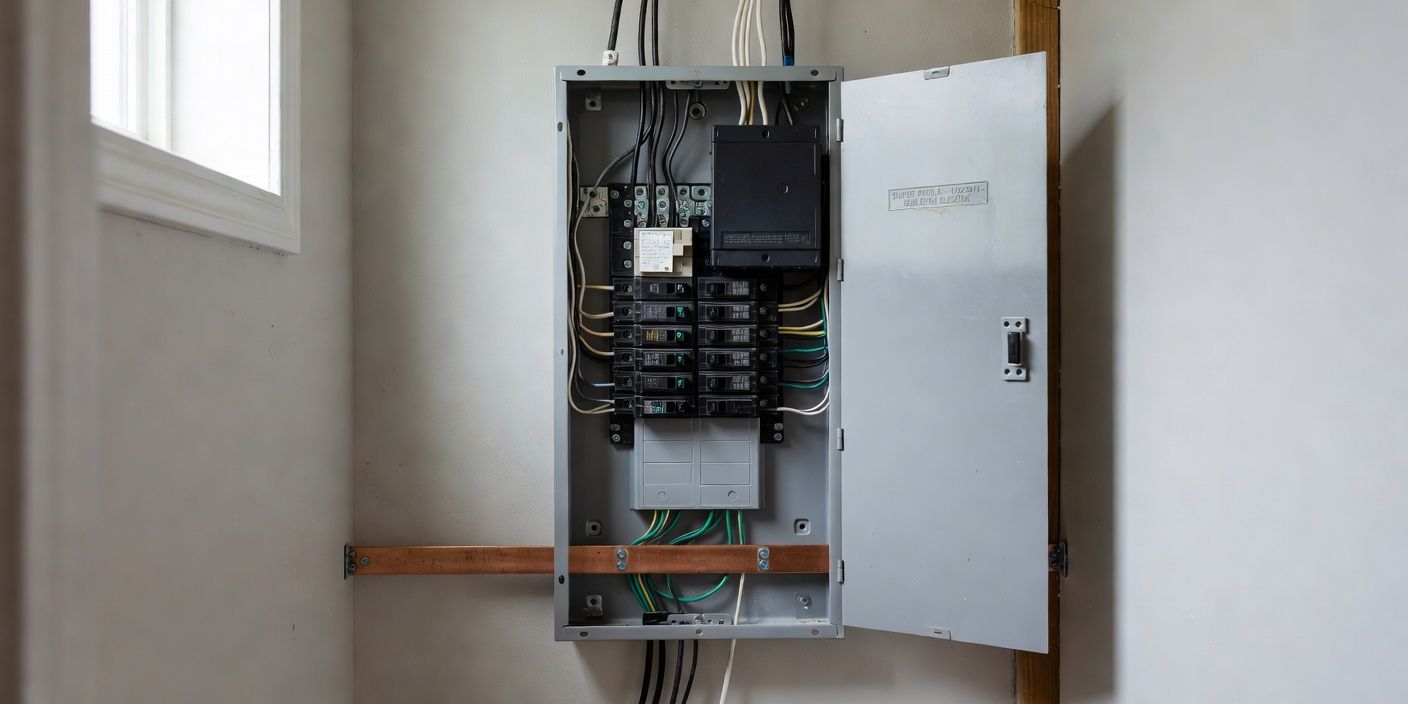 open residential breaker panel in a Burleson utility closet with a labeled surge module and copper ground bar visible
