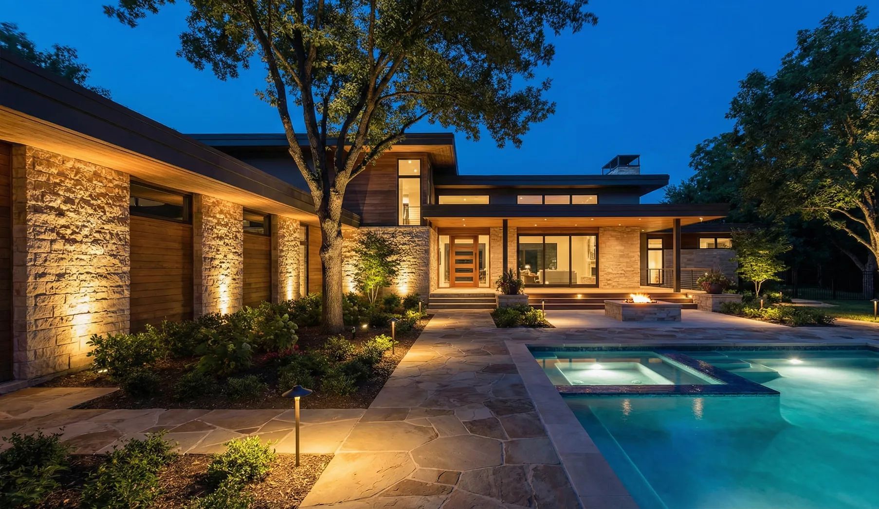 Modern stone house at dusk with lit pathway and a glowing backyard pool