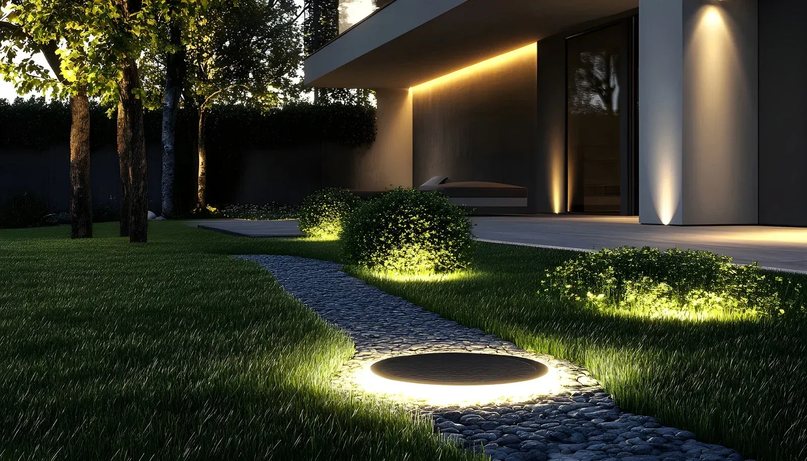 Stone path illuminated by lights through a green lawn, leading to a modern building at night.