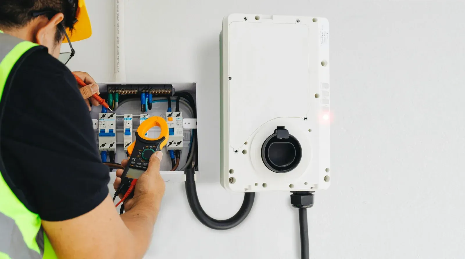 Electrician installing an EV charger on a white wall, using a multimeter.