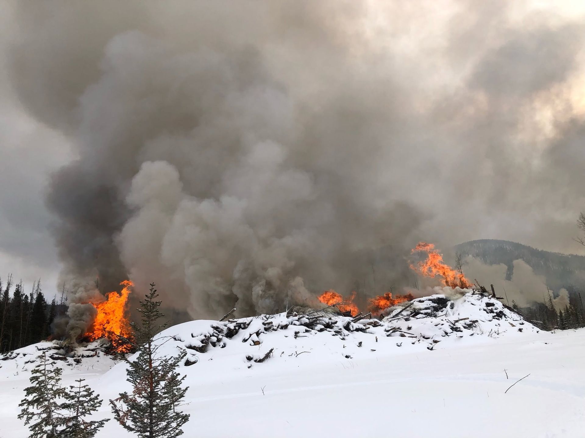 Wildfire burning on a snowy mountainside, with thick gray smoke and orange flames rising above pine trees