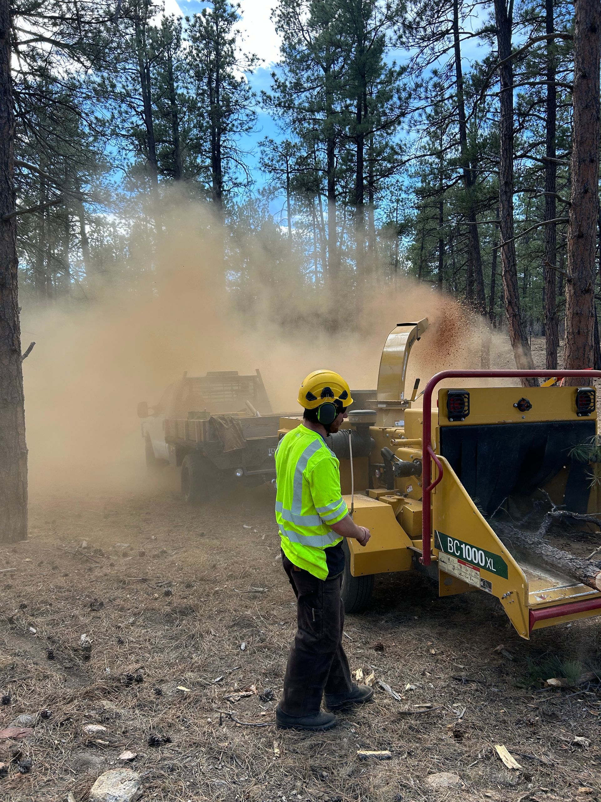 Worker in neon safety gear operating wood chipper in dusty forest clearing