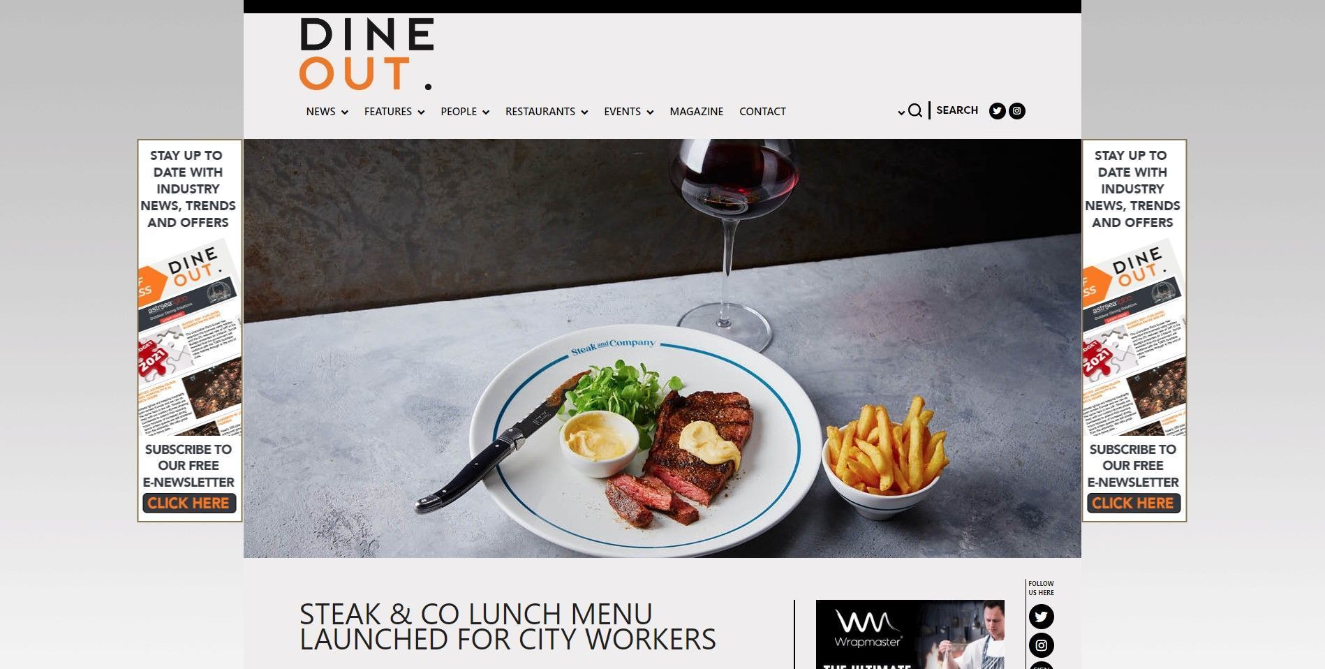 Steak dinner with fries and wine, website banner for