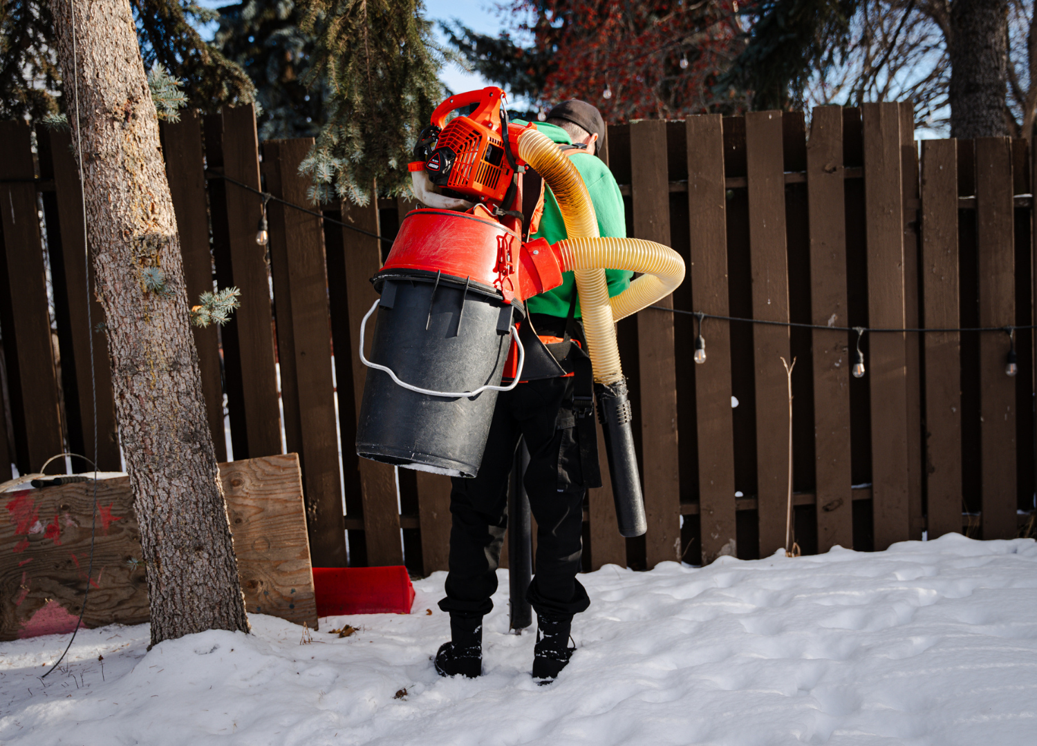 Person wearing backpack vacuum cleaning snow in a yard. Red and black equipment with a hose connected.
