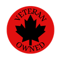 Red circle with black maple leaf, text 