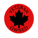 Red circle with black maple leaf, text 