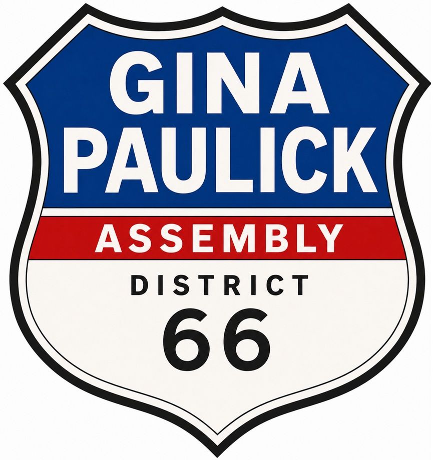 Gina Paulick Assembly District 66 campaign sign in blue, red, and white