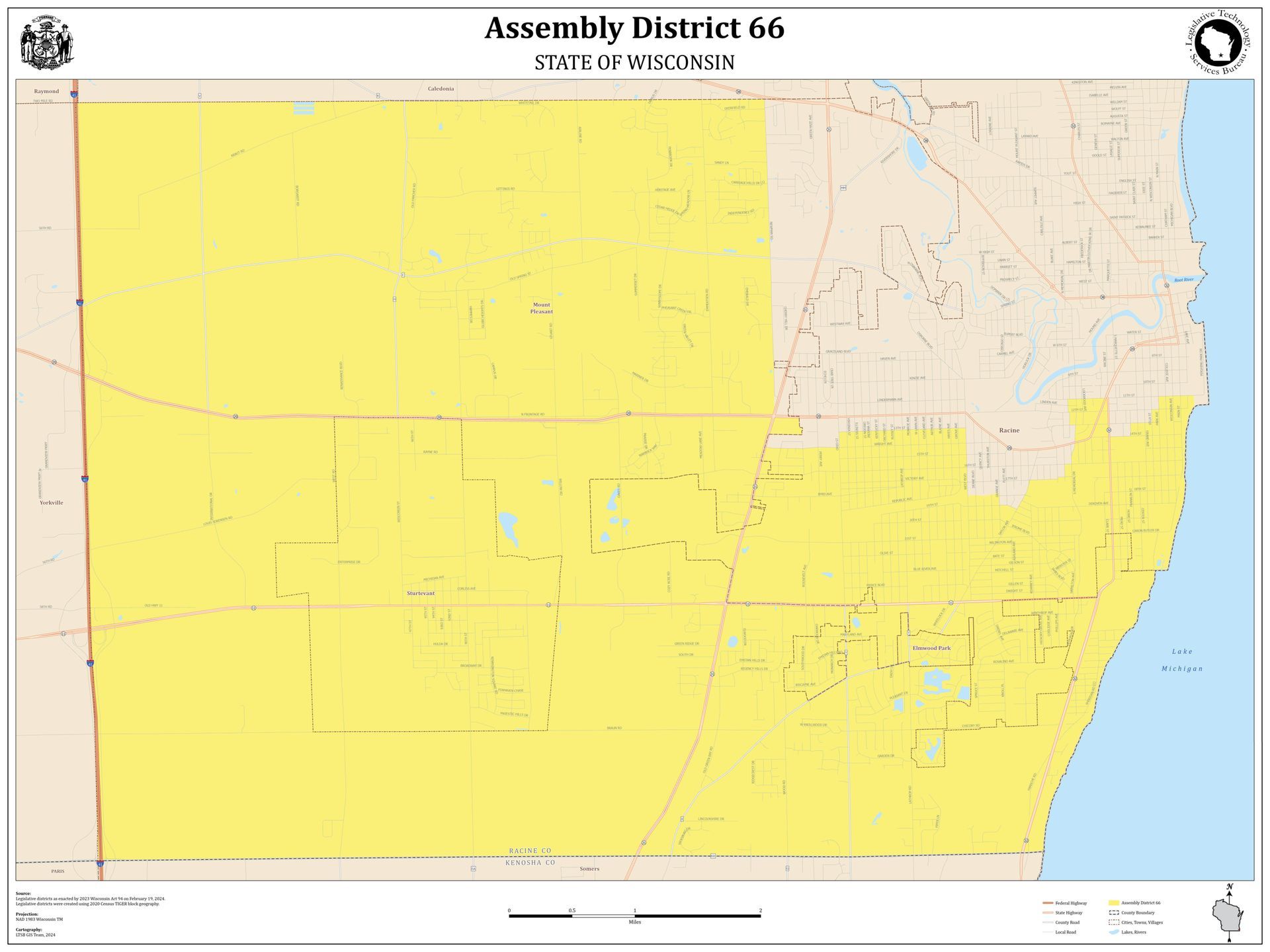 Assembly District 66 map in yellow, showing district boundaries and nearby Lake Michigan shoreline
