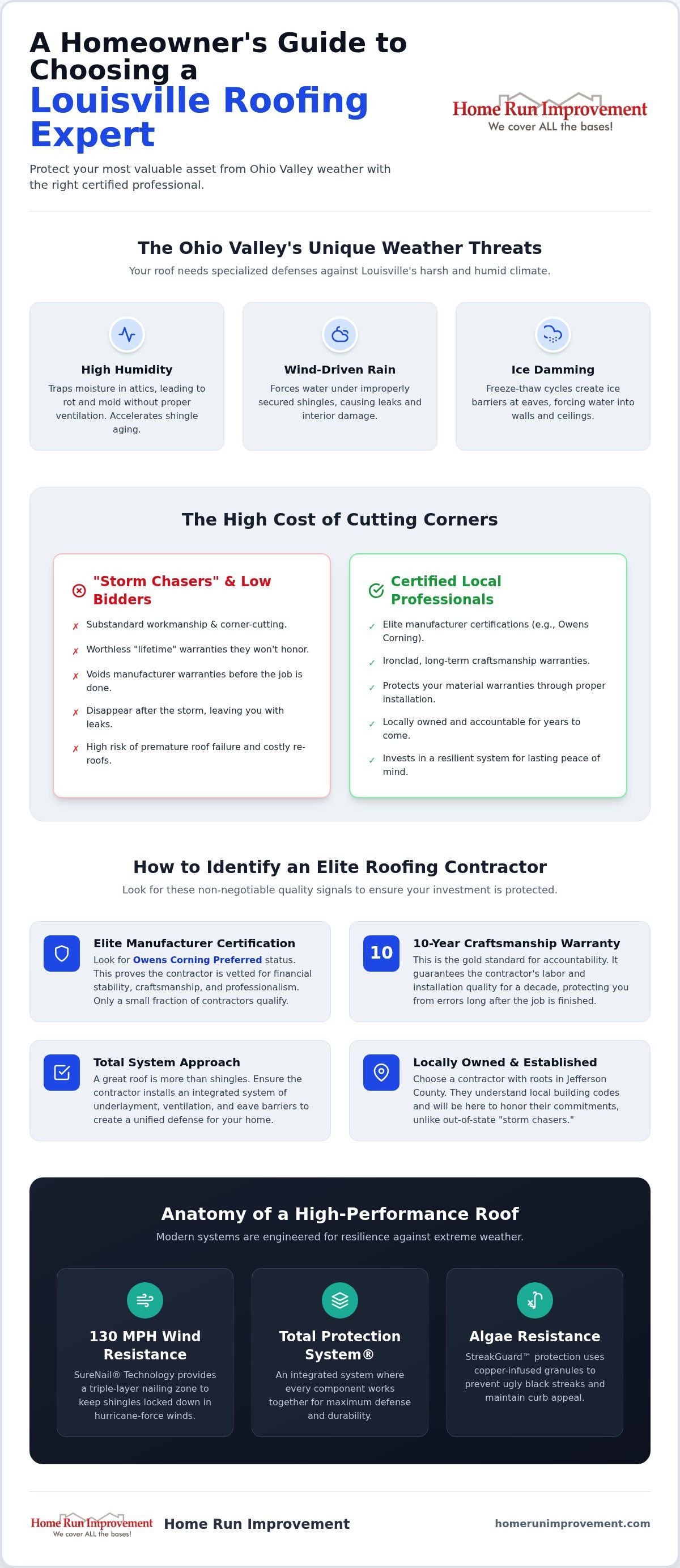 Guide to expert roofing: white infographic with blue sections, roof icons, steps, and tips on a light background