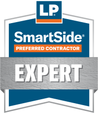 LP SmartSide Preferred Contractor Expert logo with a blue shield shape, orange bar, and white text.
