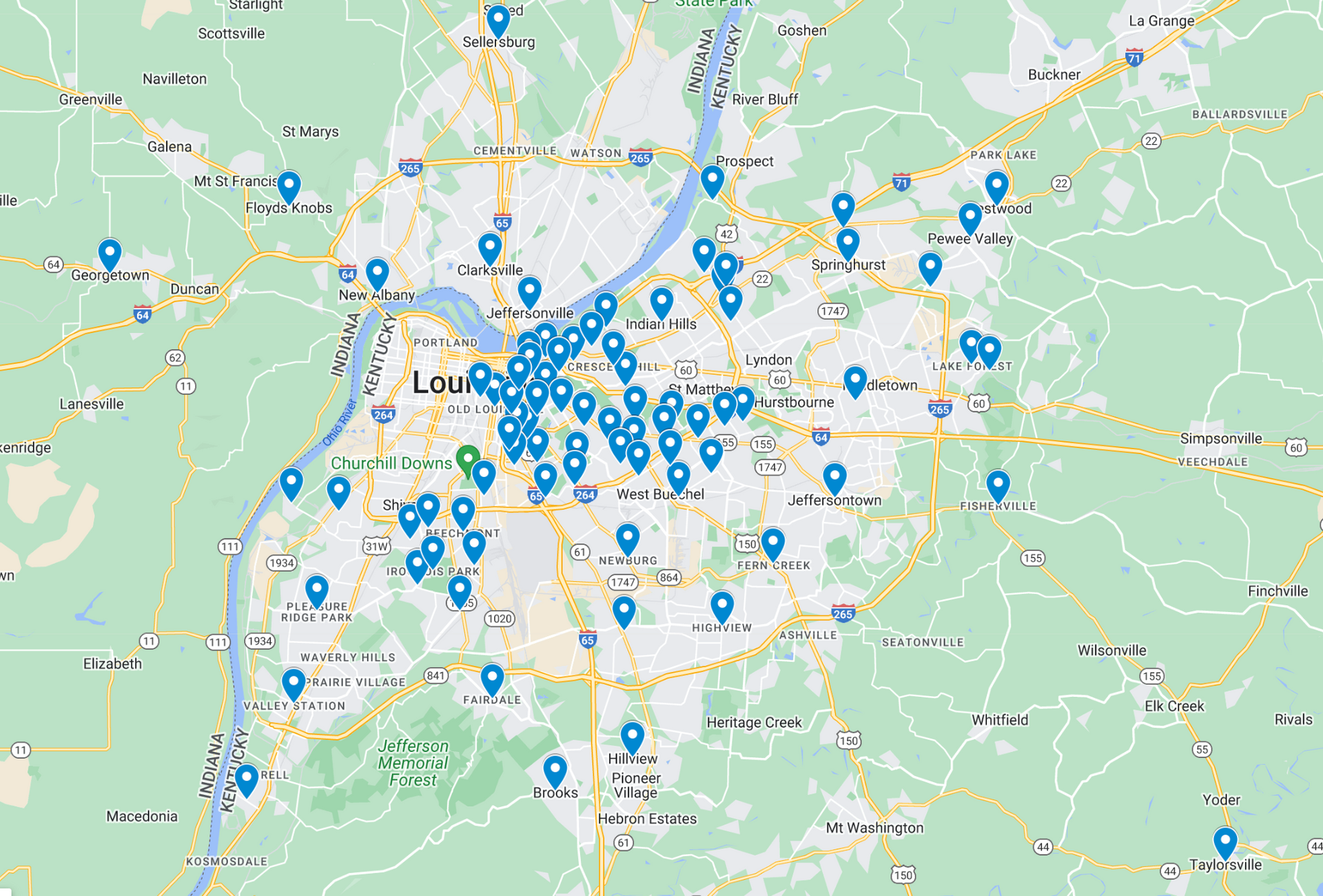 A map showing a high density of blue location pins centered in a metropolitan area, thinning out toward the suburbs.