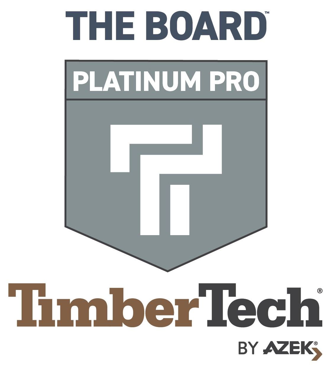 TimberTech Platinum Pro board badge with gray shield logo and “The Board” text above, “TimberTech by AZEK” below