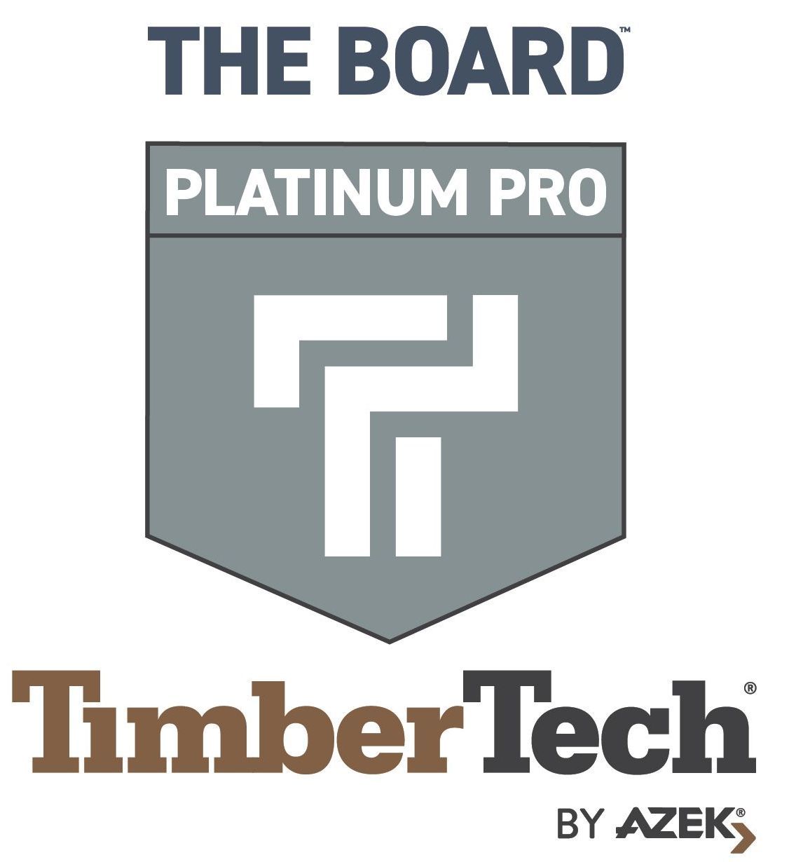 Logo for The Board Platinum Pro by TimberTech, featuring a gray shield icon and company brand names.