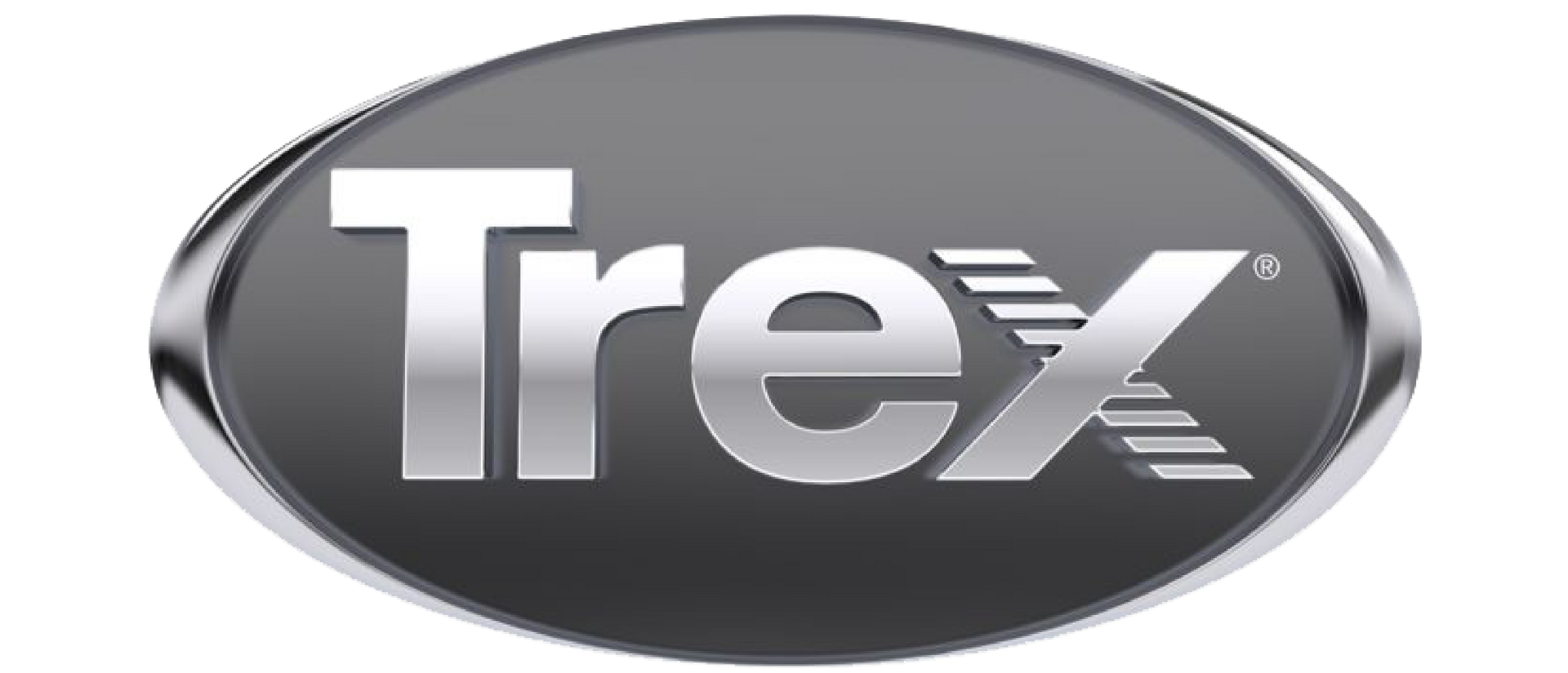 The Trex brand logo, featuring silver, stylized text on a dark gray, horizontally oriented oval background.