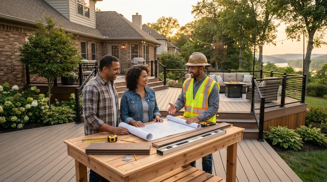Two people and a contractor reviewing house plans on a deck beside a home at sunset