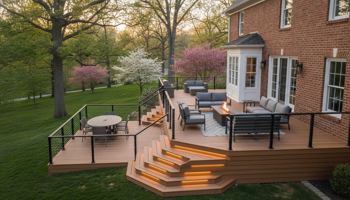 Backyard wooden deck with patio seating, stairs, and brick house at sunset