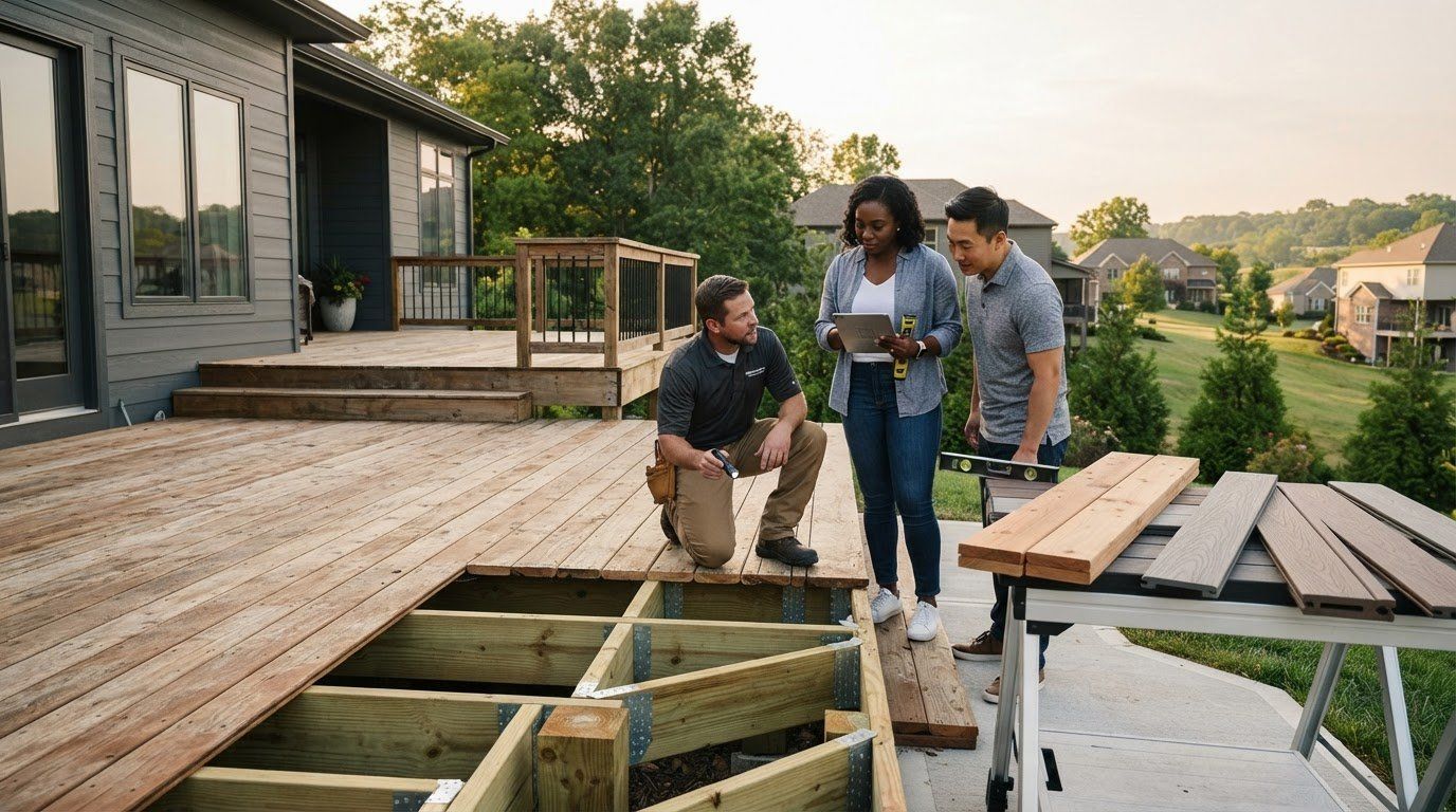 Three people inspect a wooden deck under construction beside a house, with tools and framing exposed.