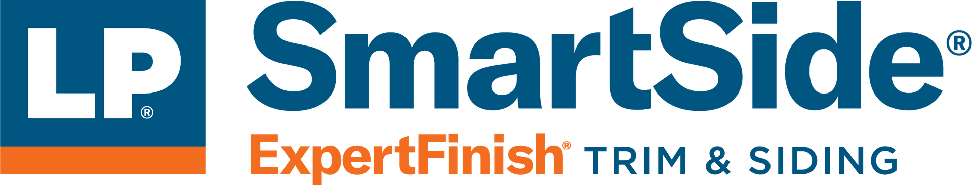 Logo for LP SmartSide ExpertFinish trim and siding, featuring the blue LP logo and orange/blue text on a white background.