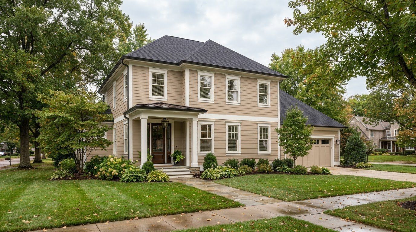 Two-story beige house with white trim, front porch, garage, and a green lawn on a tree-lined street