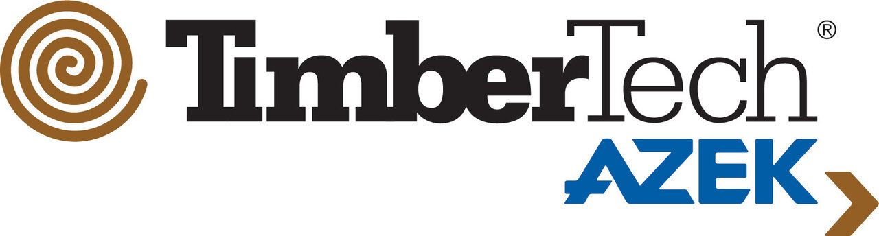 TimberTech AZEK logo: black text with a brown swirl icon and a blue AZEK wordmark followed by a brown arrow.