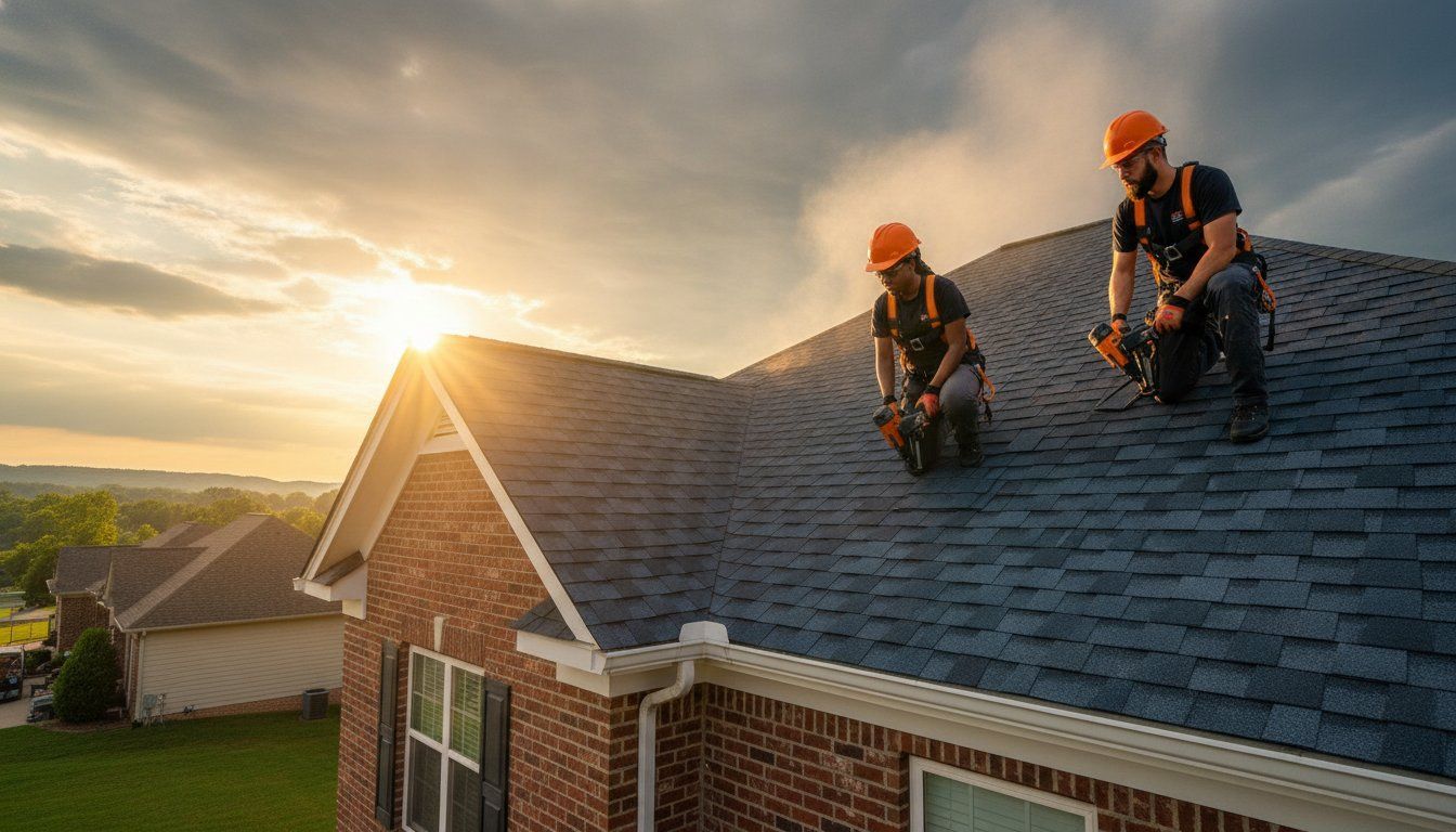 Two roofers in orange helmets working on a shingled house roof at sunset