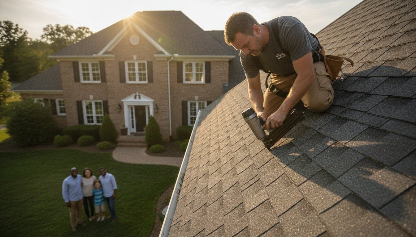 Worker repairs shingles on a roof while three people stand on the lawn below a brick house.