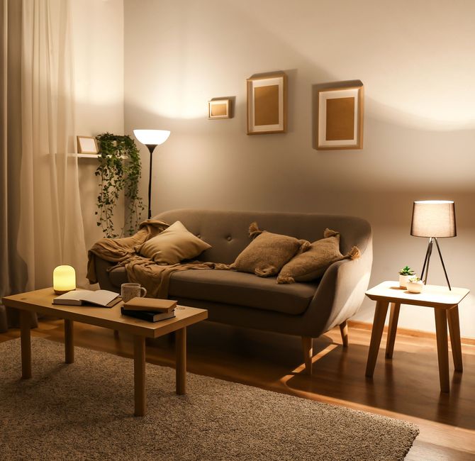 A living room with a couch and a coffee table