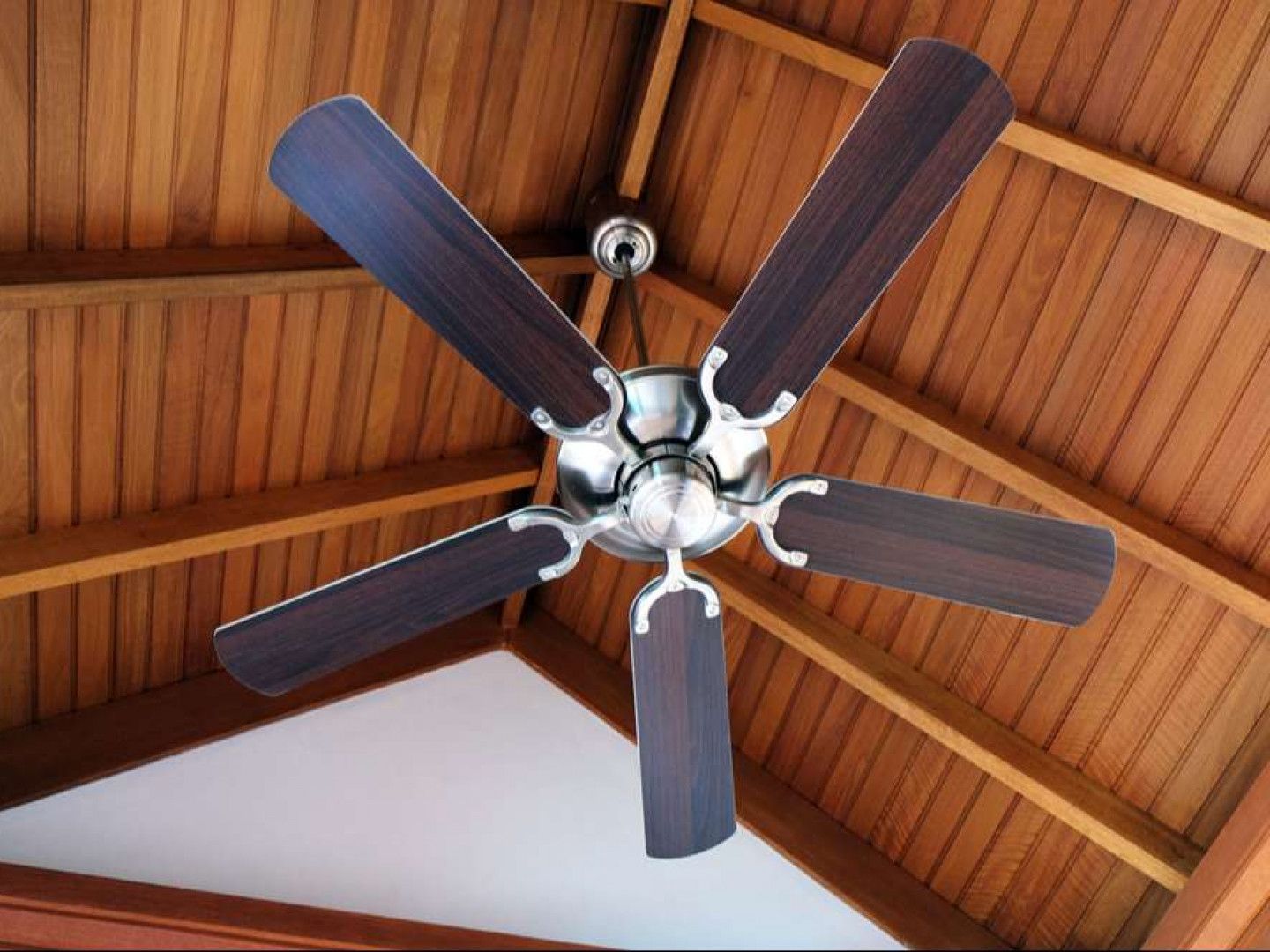 A ceiling fan is hanging from a wooden ceiling