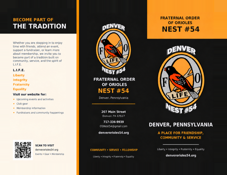 Three-panel flyer with black, orange, and cream Denver Saloon Fest Nest #54 event details and logos