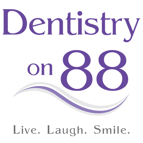 Dentistry on 88 logo in purple with the tagline “Live. Laugh. Smile.”