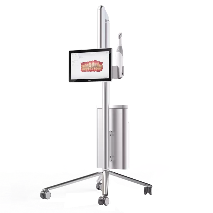 Medical monitor mounted on a wheeled silver stand with attached equipment arm