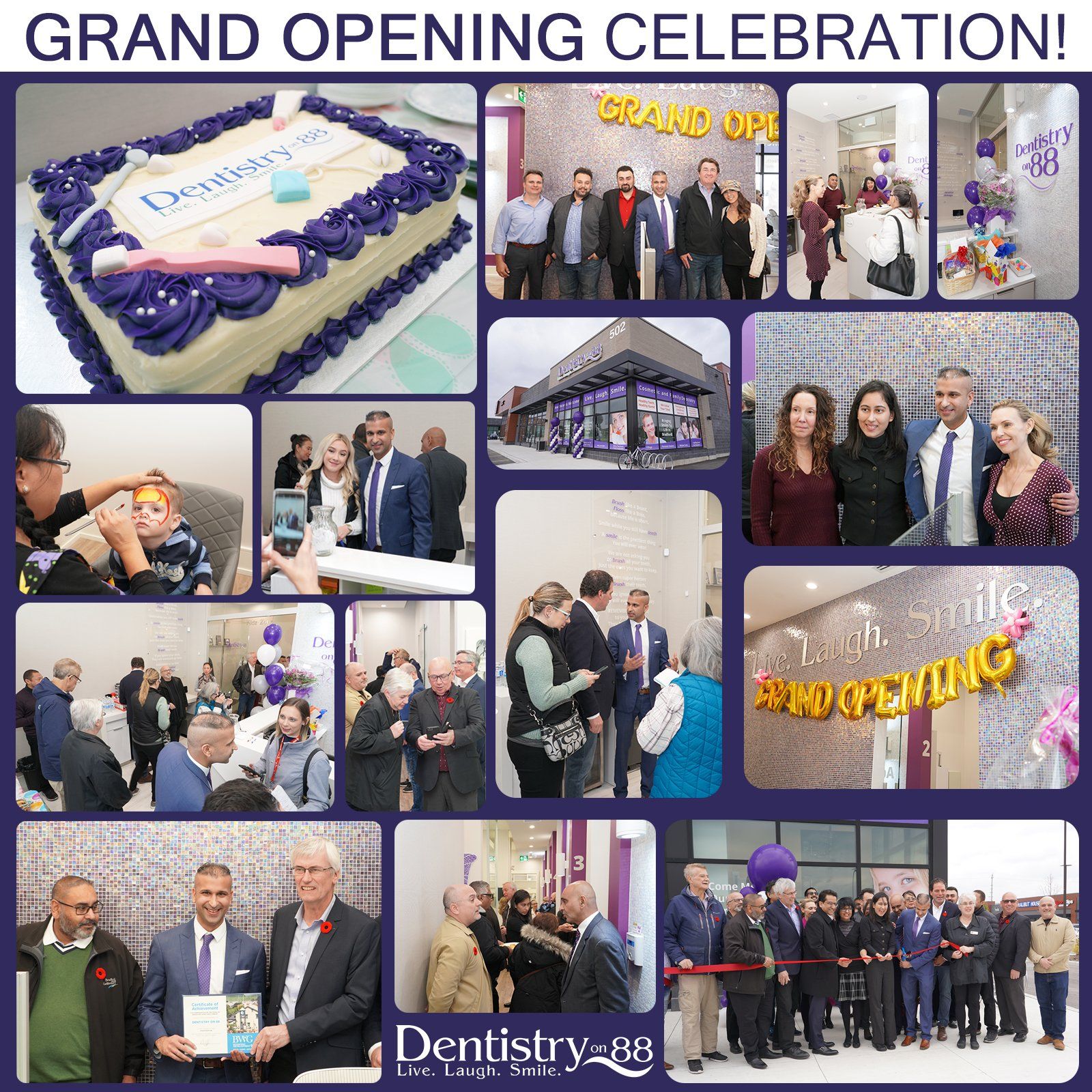 Grand opening collage for Dentistry 88 with ribbon cutting, guests, purple balloons, and clinic photos