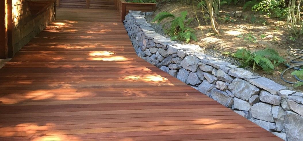 Basalt Retaining Wall along Deck in Portland Oregon