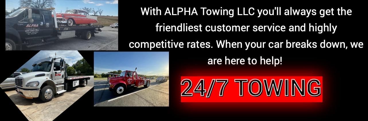 Promotional graphic for Alpha Towing LLC showing tow trucks, service messaging, and 24/7 towing text.